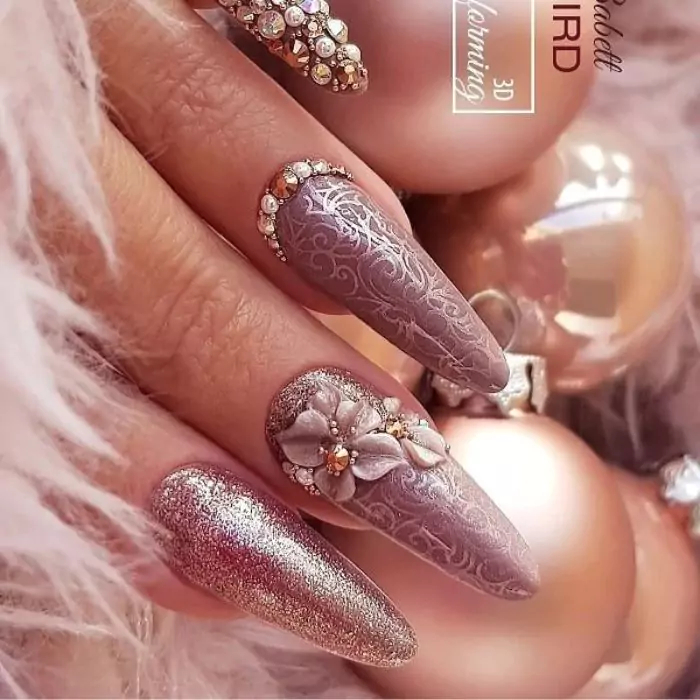 3D Flowers and Rhinestones Rose Gold Nail