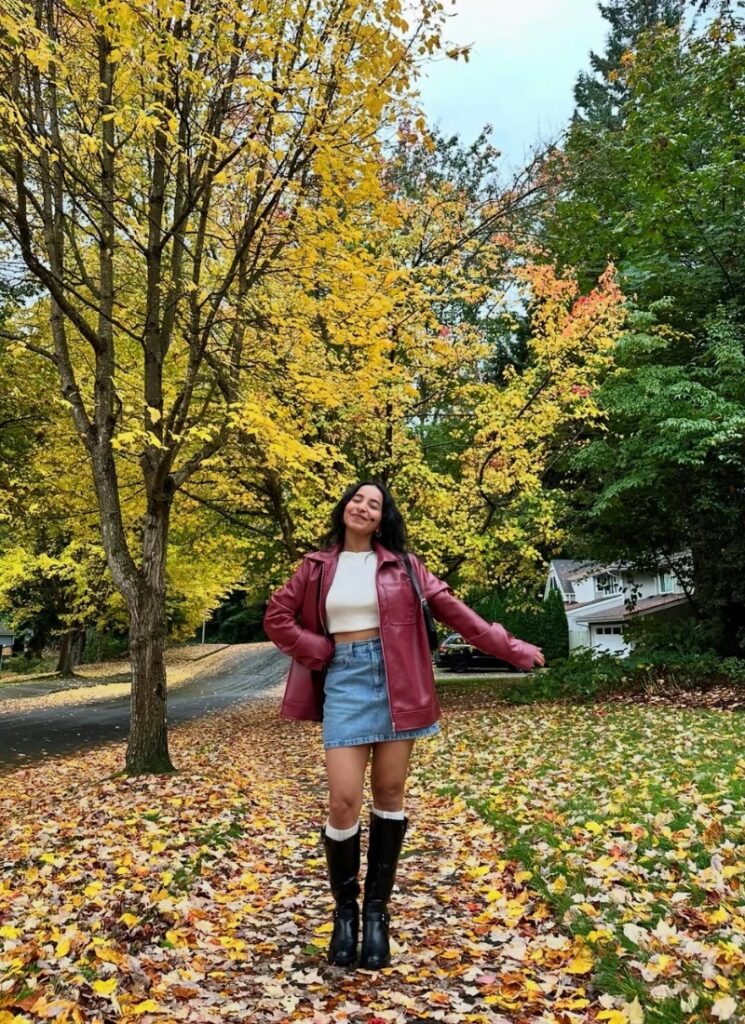 Denim Skirt & Burgundy Leather
