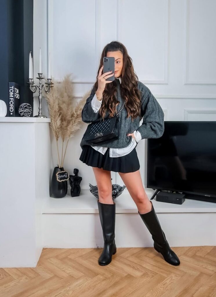 Layered Preppy with Knee-High Boots fall outfit