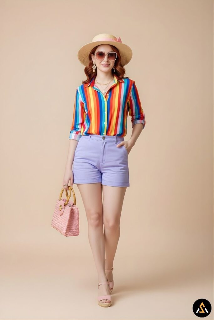 Tropical Y2K outfit_The Rainbow Striped Shirt, Lavender Shorts, and Straw Hat